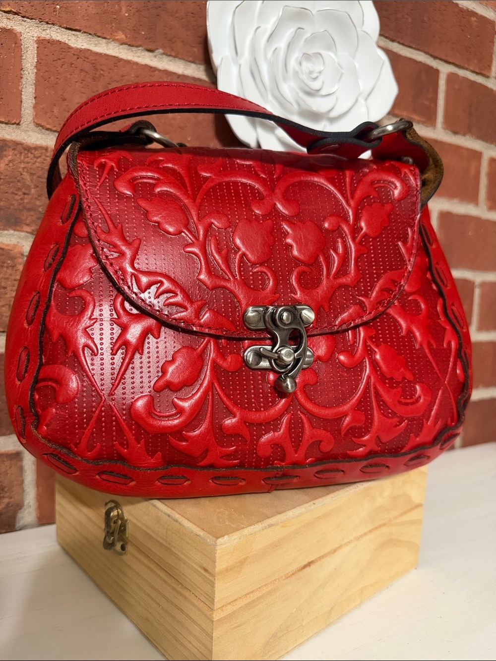 Patricia Nash Red Embossed Leather Shoulder Bag